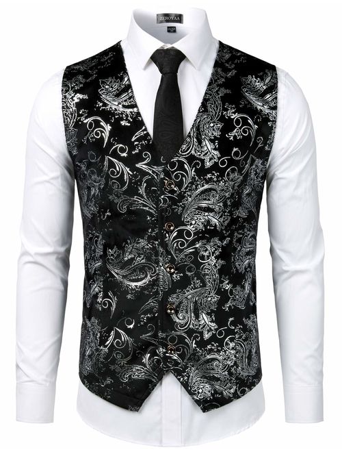 ZEROYAA Mens Hipster Metallic Paisley Printed Single Breasted V-Neck Suit Vest/Tuxedo Waistcoat