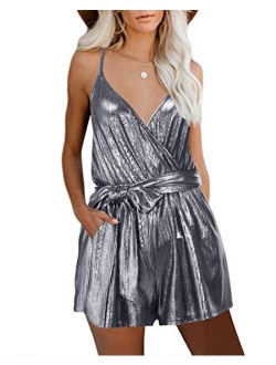 YOINS Sequin Rompers for Women Long Sleeve Jumpsuits Casual V Neck Playsuits Bandage Waist Sparkle Metallic Party Romper