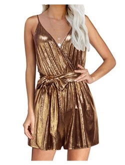 YOINS Sequin Rompers for Women Long Sleeve Jumpsuits Casual V Neck Playsuits Bandage Waist Sparkle Metallic Party Romper