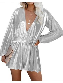 YOINS Sequin Rompers for Women Long Sleeve Jumpsuits Casual V Neck Playsuits Bandage Waist Sparkle Metallic Party Romper