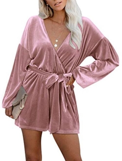 YOINS Sequin Rompers for Women Long Sleeve Jumpsuits Casual V Neck Playsuits Bandage Waist Sparkle Metallic Party Romper