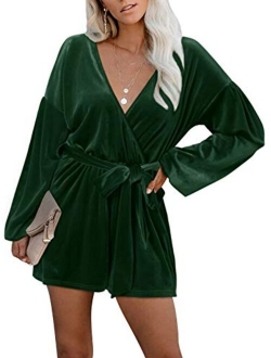 YOINS Sequin Rompers for Women Long Sleeve Jumpsuits Casual V Neck Playsuits Bandage Waist Sparkle Metallic Party Romper