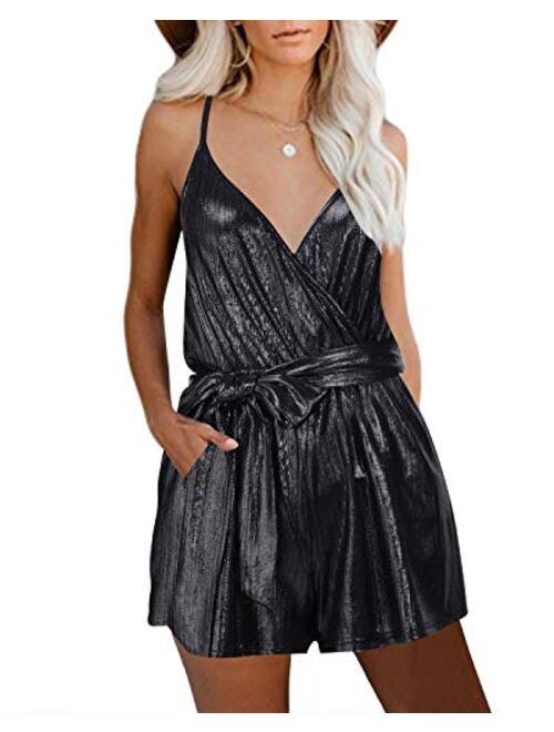 YOINS Sequin Rompers for Women Long Sleeve Jumpsuits Casual V Neck Playsuits Bandage Waist Sparkle Metallic Party Romper