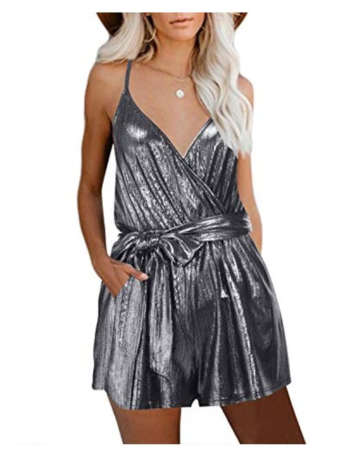 YOINS Sequin Rompers for Women Long Sleeve Jumpsuits Casual V Neck Playsuits Bandage Waist Sparkle Metallic Party Romper