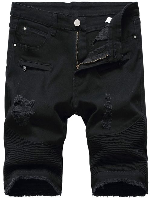 HENGAO Men's Denim Shorts with Zipper Deco