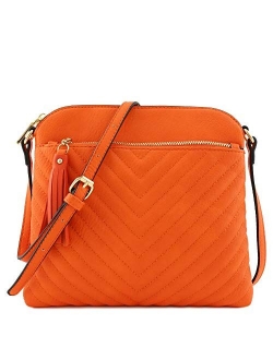 Chevron Quilted Medium Crossbody Bag with Tassel Accent