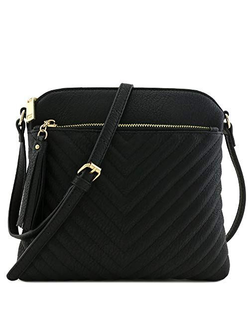 Chevron Quilted Medium Crossbody Bag with Tassel Accent