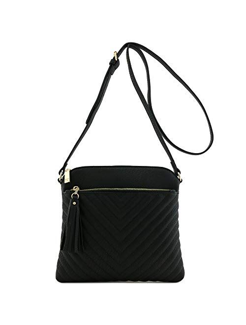 Chevron Quilted Medium Crossbody Bag with Tassel Accent