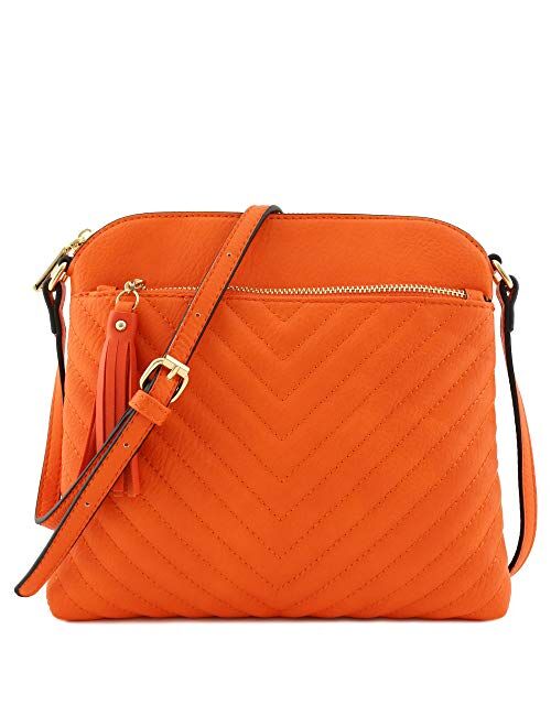 Chevron Quilted Medium Crossbody Bag with Tassel Accent