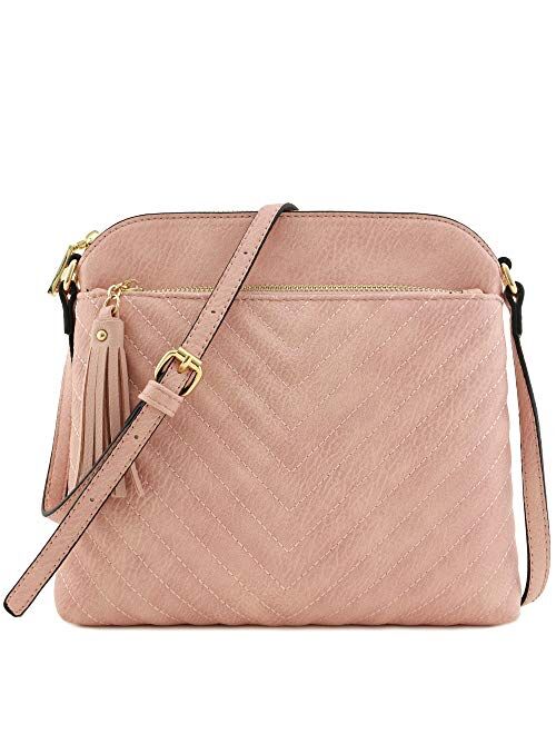 Chevron Quilted Medium Crossbody Bag with Tassel Accent