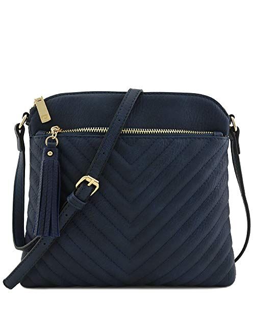 Chevron Quilted Medium Crossbody Bag with Tassel Accent