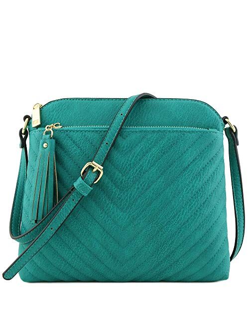 Chevron Quilted Medium Crossbody Bag with Tassel Accent