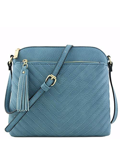 Chevron Quilted Medium Crossbody Bag with Tassel Accent