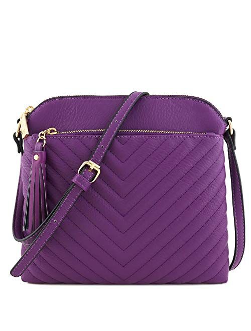 Chevron Quilted Medium Crossbody Bag with Tassel Accent