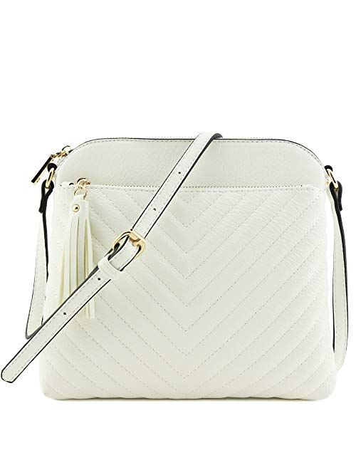 Chevron Quilted Medium Crossbody Bag with Tassel Accent