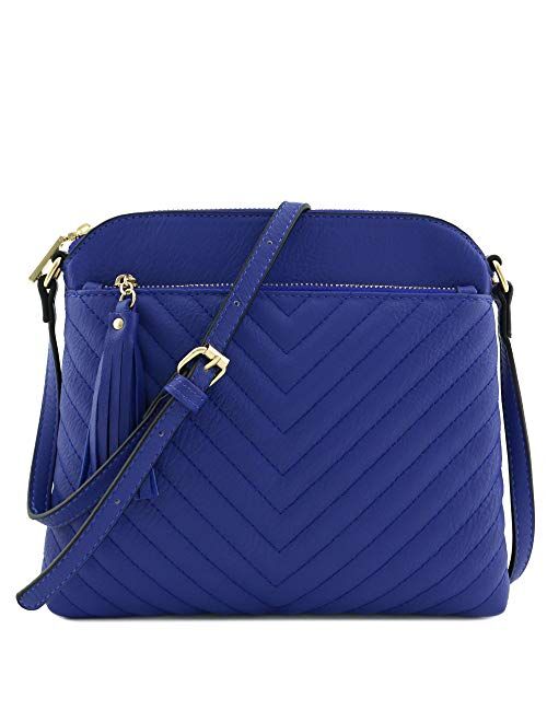 Chevron Quilted Medium Crossbody Bag with Tassel Accent