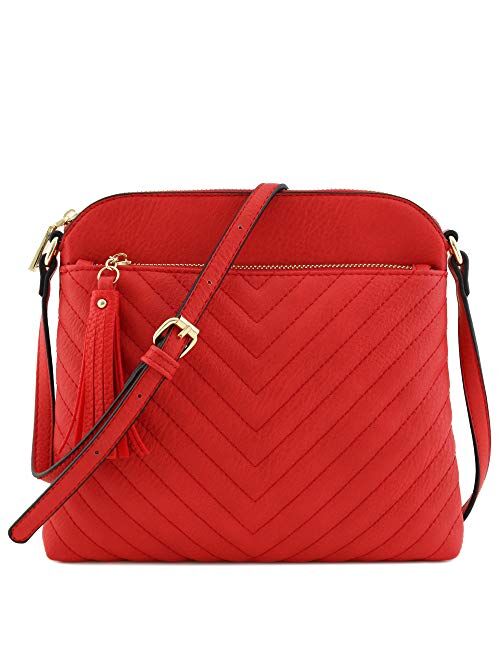 Chevron Quilted Medium Crossbody Bag with Tassel Accent