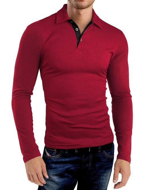 KUYIGO Men's Long Sleeve Polo Shirts Casual Slim Fit Basic Designed Cotton Shirts