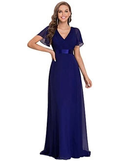 Women's Flutter Sleeve V-Neck Long Evening Prom Dress 09890