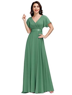 Women's Flutter Sleeve V-Neck Long Evening Prom Dress 09890