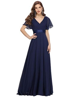 Women's Flutter Sleeve V-Neck Long Evening Prom Dress 09890