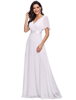 Women's Flutter Sleeve V-Neck Long Evening Prom Dress 09890