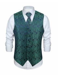 Enmain Men's Paisley Floral Jacquard Waistcoat & Necktie and Pocket Square Vest Suit Set Wedding Party