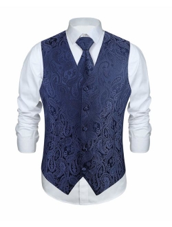 Enmain Men's Paisley Floral Jacquard Waistcoat & Necktie and Pocket Square Vest Suit Set Wedding Party