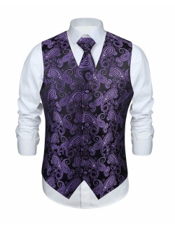 Enmain Men's Paisley Floral Jacquard Waistcoat & Necktie and Pocket Square Vest Suit Set Wedding Party