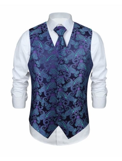 Enmain Men's Paisley Floral Jacquard Waistcoat & Necktie and Pocket Square Vest Suit Set Wedding Party