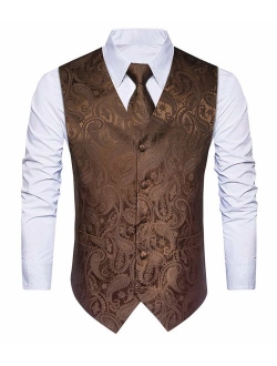 Enmain Men's Paisley Floral Jacquard Waistcoat & Necktie and Pocket Square Vest Suit Set Wedding Party