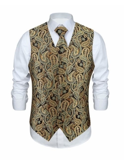 Enmain Men's Paisley Floral Jacquard Waistcoat & Necktie and Pocket Square Vest Suit Set Wedding Party