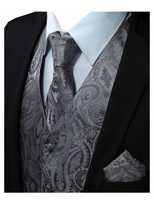 Enmain Men's Paisley Floral Jacquard Waistcoat & Necktie and Pocket Square Vest Suit Set Wedding Party