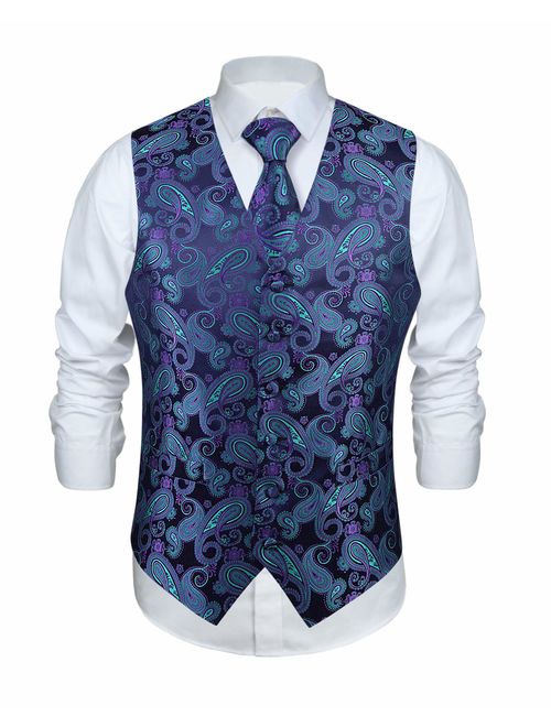 Enmain Men's Paisley Floral Jacquard Waistcoat & Necktie and Pocket Square Vest Suit Set Wedding Party