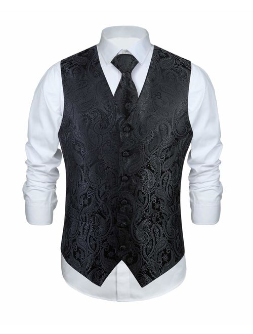 Enmain Men's Paisley Floral Jacquard Waistcoat & Necktie and Pocket Square Vest Suit Set Wedding Party