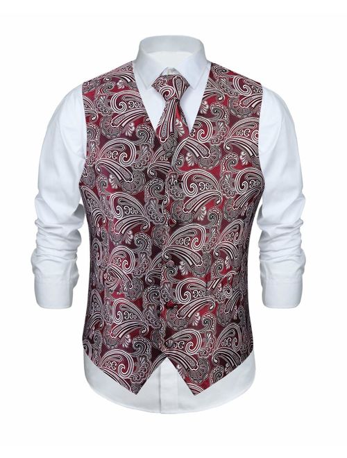 Enmain Men's Paisley Floral Jacquard Waistcoat & Necktie and Pocket Square Vest Suit Set Wedding Party