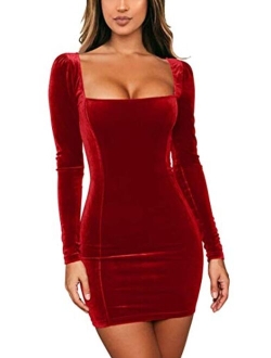 GOBLES Womens Sexy Velvet Long Sleeve Bodycon Elegant Mini Party Dress