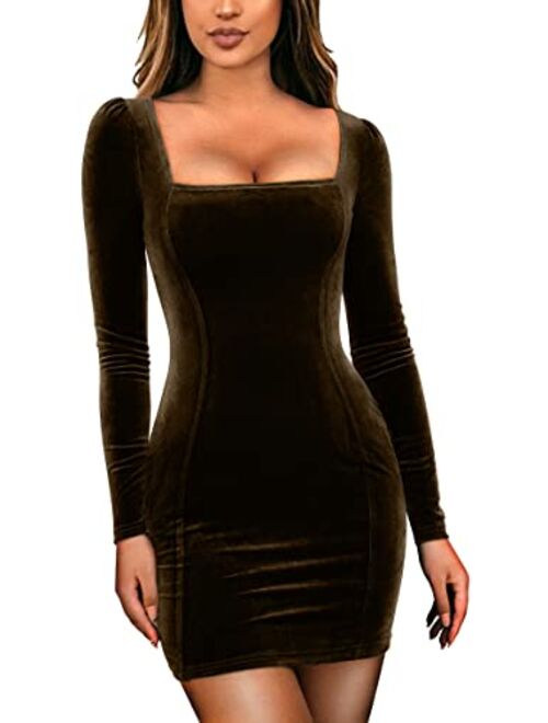 GOBLES Womens Sexy Velvet Long Sleeve Bodycon Elegant Mini Party Dress