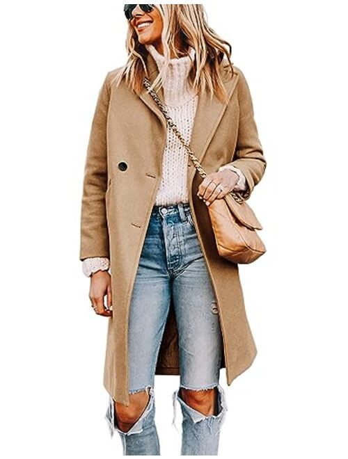 Tanming Women's Notch Lapel Double Breasted Wool Blend Mid Long Pea Trench Coat