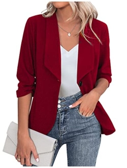 Beyove Women's 3/4 Stretchy Ruched Sleeve Open Front Lightweight Work Office Blazer Jacket S-XXL