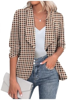 Beyove Women's 3/4 Stretchy Ruched Sleeve Open Front Lightweight Work Office Blazer Jacket S-XXL