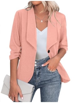 Beyove Women's 3/4 Stretchy Ruched Sleeve Open Front Lightweight Work Office Blazer Jacket S-XXL