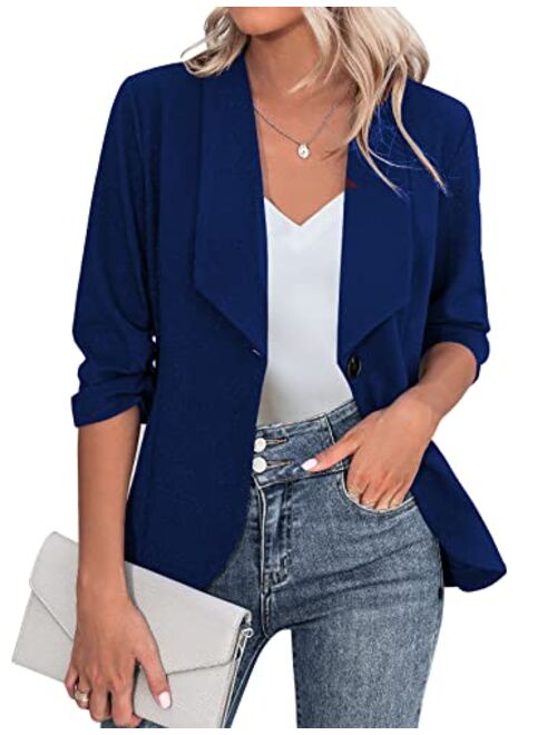 Beyove Women's 3/4 Stretchy Ruched Sleeve Open Front Lightweight Work Office Blazer Jacket S-XXL