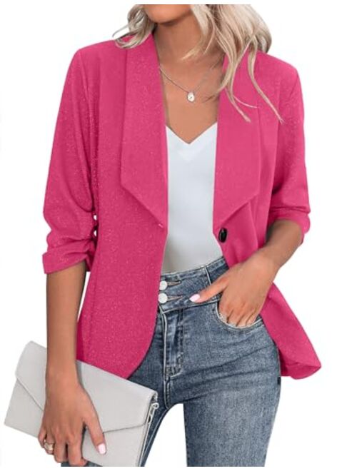 Beyove Women's 3/4 Stretchy Ruched Sleeve Open Front Lightweight Work Office Blazer Jacket S-XXL