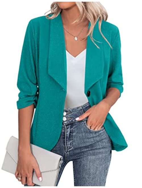 Beyove Women's 3/4 Stretchy Ruched Sleeve Open Front Lightweight Work Office Blazer Jacket S-XXL