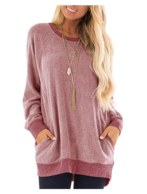 WEKILI Women's Color Block Long Sleeve Tunic Tops Crew Neck Sweatshirt Pockets Loose Casual Blouse Shirts