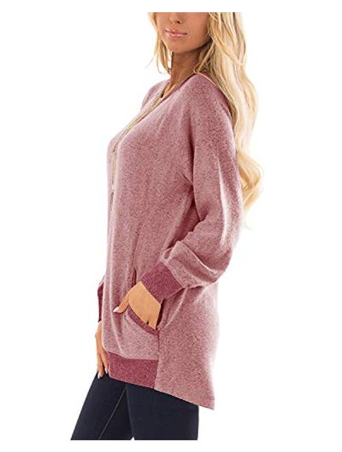 WEKILI Women's Color Block Long Sleeve Tunic Tops Crew Neck Sweatshirt Pockets Loose Casual Blouse Shirts