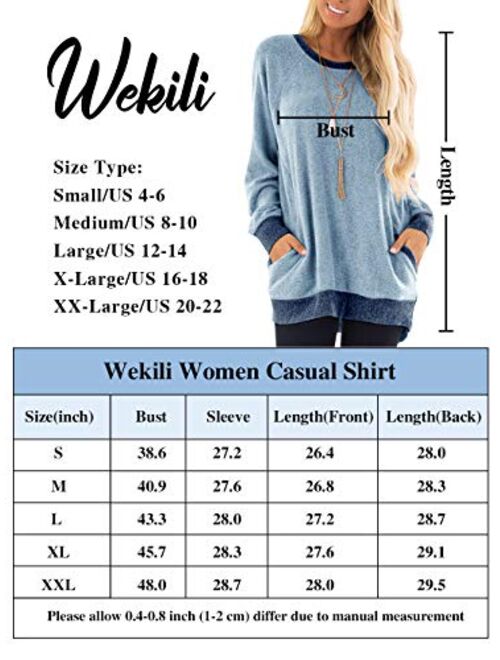 WEKILI Women's Color Block Long Sleeve Tunic Tops Crew Neck Sweatshirt Pockets Loose Casual Blouse Shirts