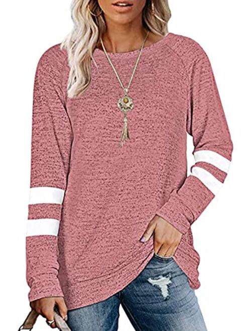 WEKILI Women's Color Block Long Sleeve Tunic Tops Crew Neck Sweatshirt Pockets Loose Casual Blouse Shirts