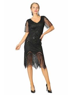 Radtengle Women's 1920s Flapper Dress Beaded Fringed Gatsby Dress with Short Sleeves for Roaring 20s Party